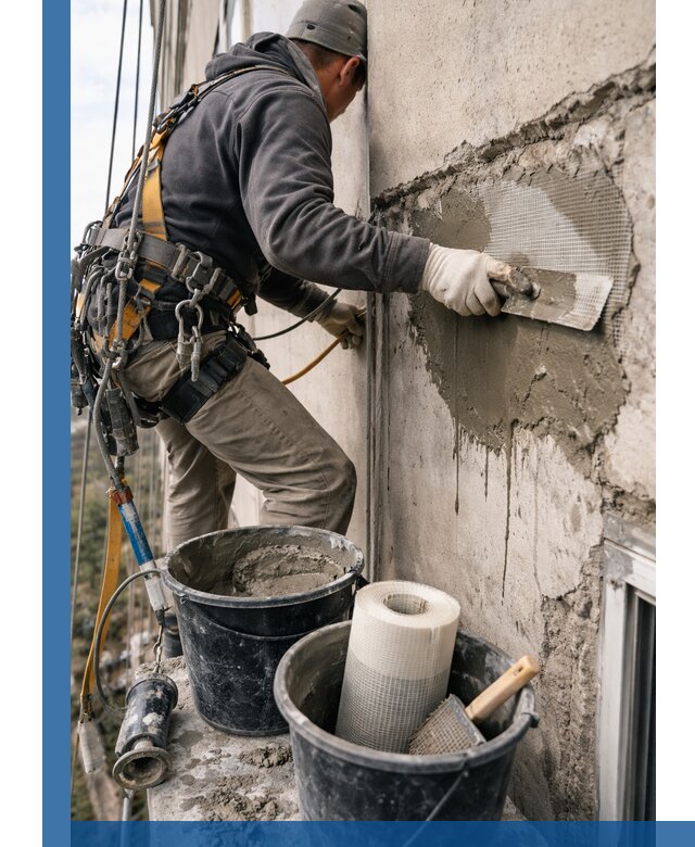 Ремонт бетонных элементов фасада промышленными альпинистами в Светлограде