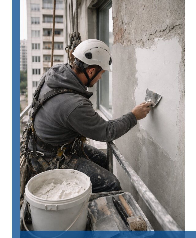 Шпаклевка фасадов на высоте с промальпинистами в Светлограде