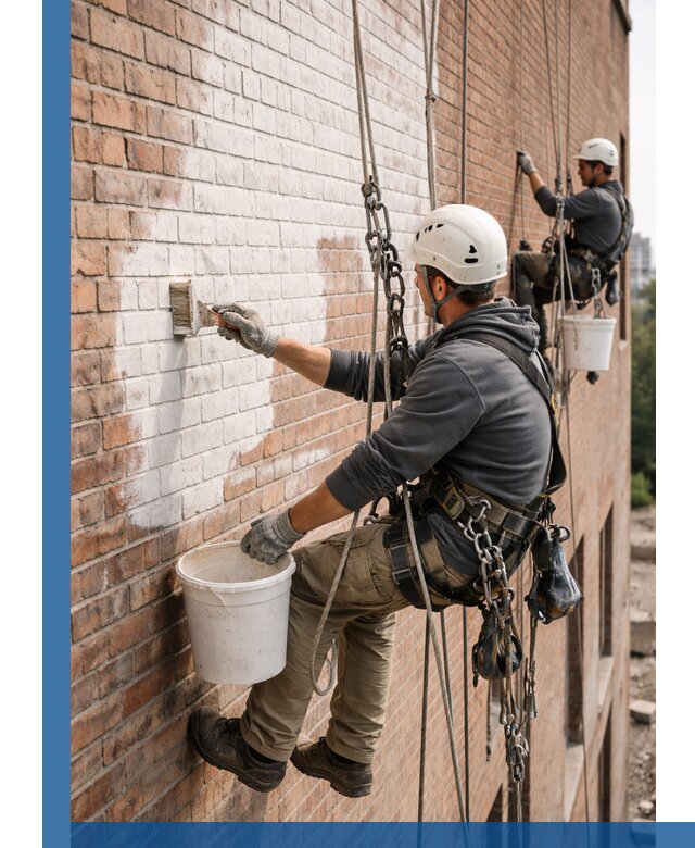 Покраска кирпичного фасада с доступным альпинистским сервисом в Светлограде