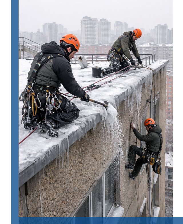 Удаление наледи с кровли в Светлограде промышленными альпинистами