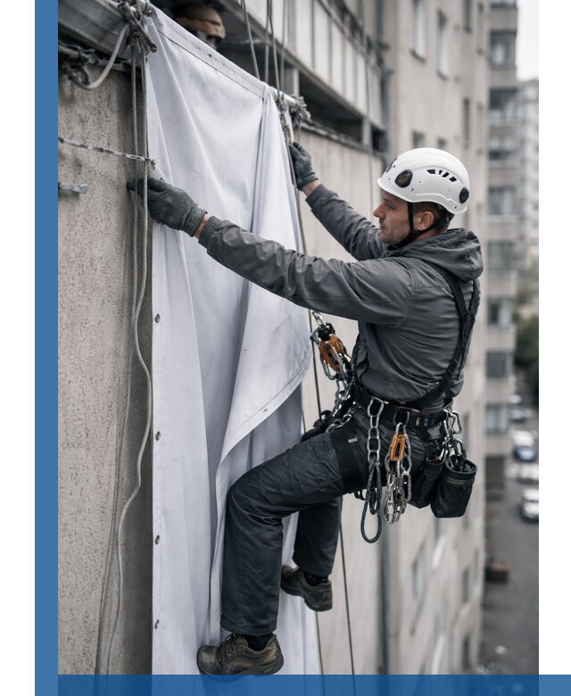 Замена баннерного полотна промышленными альпинистами в Светлограде