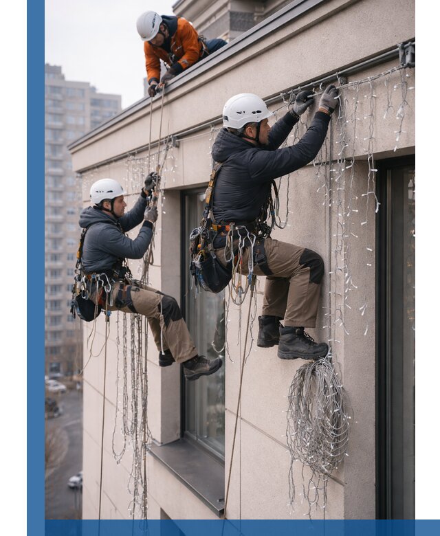 Монтаж праздничных гирлянд на фасаде в Светлограде для зданий