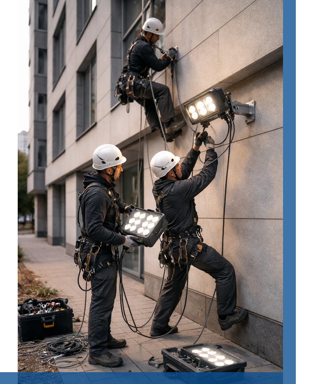 Монтаж прожекторов на фасаде в Светлограде от 7619 р. | ВЫСОТНИК-Свт
