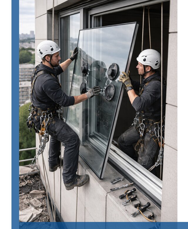 Замена стеклопакетов на высоте с промышленными альпинистами в Светлограде