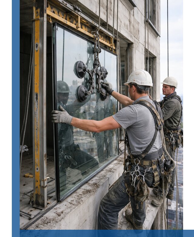 Монтаж стеклопакетов на высоте в Светлограде с промышленным альпинизмом