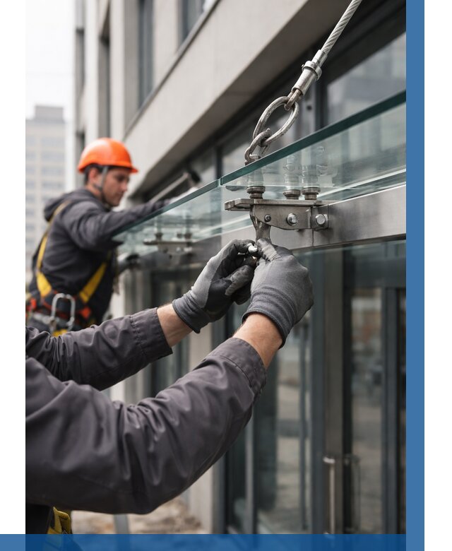 Монтаж стеклянных козырьков в Светлограде от 8634 р. | ВЫСОТНИК-Свт