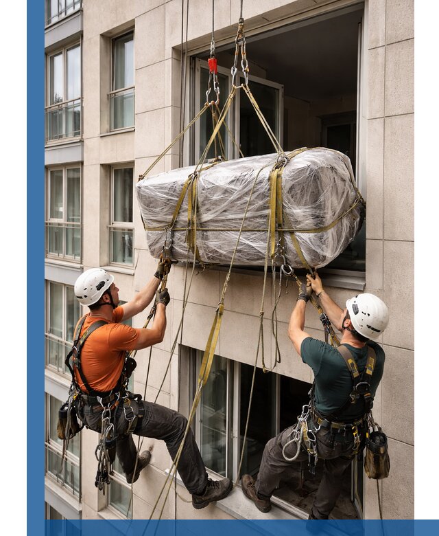 Подъем грузов через окно в Светлограде промышленными альпинистами