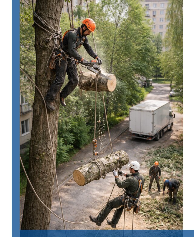 Спил деревьев альпинистами в Светлограде, безопасно и без повреждений