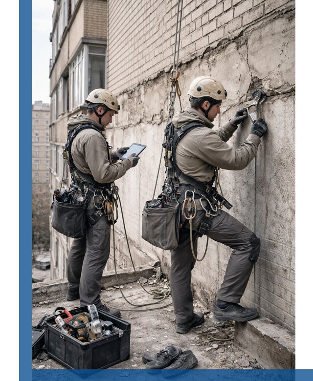 Обследование фасада промышленными альпинистами в Светлограде